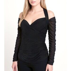Vintage Tadashi Blouse Womens M Black Sheer Pleated Off Shoulder Halter Goth Y2K